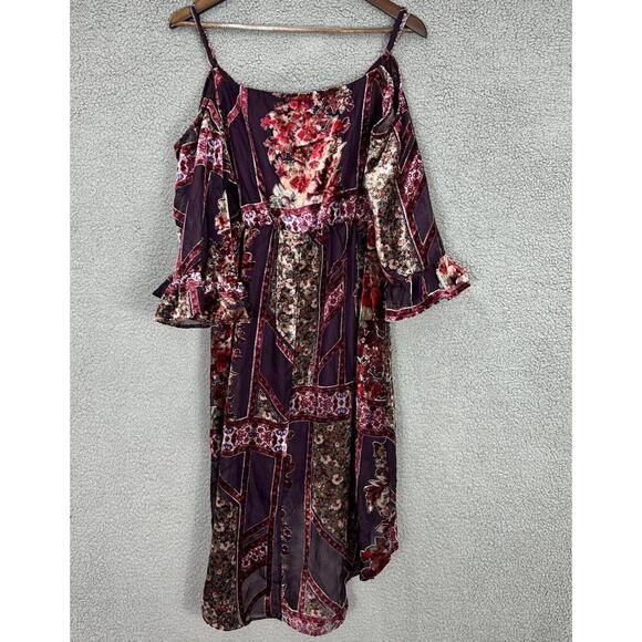 Venus Boho Patchwork Cold Shoulder Dress Large Floral Mixed Print Sheer Festival - Picture 3 of 9